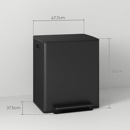 Trash Can 2 x 25 L Pedal Bin with Soft-close Lid and Pedal Waste Separation System 2 Compartments, Recyclable Waste, Stainless Steel, Black, 47.7 x 37.5 x 56 cm