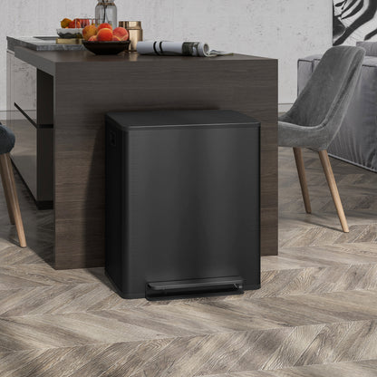 Trash Can 2 x 25 L Pedal Bin with Soft-close Lid and Pedal Waste Separation System 2 Compartments, Recyclable Waste, Stainless Steel, Black, 47.7 x 37.5 x 56 cm