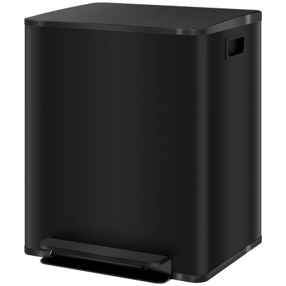 Trash Can 2 x 25 L Pedal Bin with Soft-close Lid and Pedal Waste Separation System 2 Compartments, Recyclable Waste, Stainless Steel, Black, 47.7 x 37.5 x 56 cm