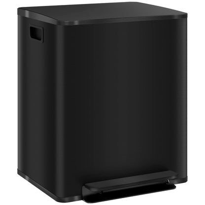 Trash Can 2 x 25 L Pedal Bin with Soft-close Lid and Pedal Waste Separation System 2 Compartments, Recyclable Waste, Stainless Steel, Black, 47.7 x 37.5 x 56 cm