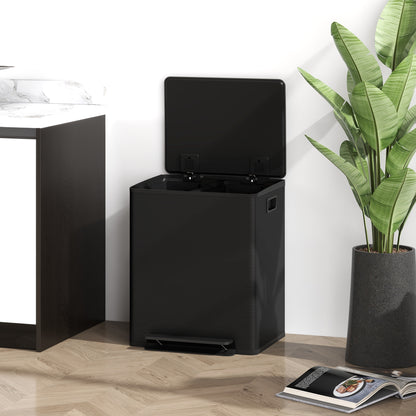 Trash Can 2 x 25 L Pedal Bin with Soft-close Lid and Pedal Waste Separation System 2 Compartments, Recyclable Waste, Stainless Steel, Black, 47.7 x 37.5 x 56 cm