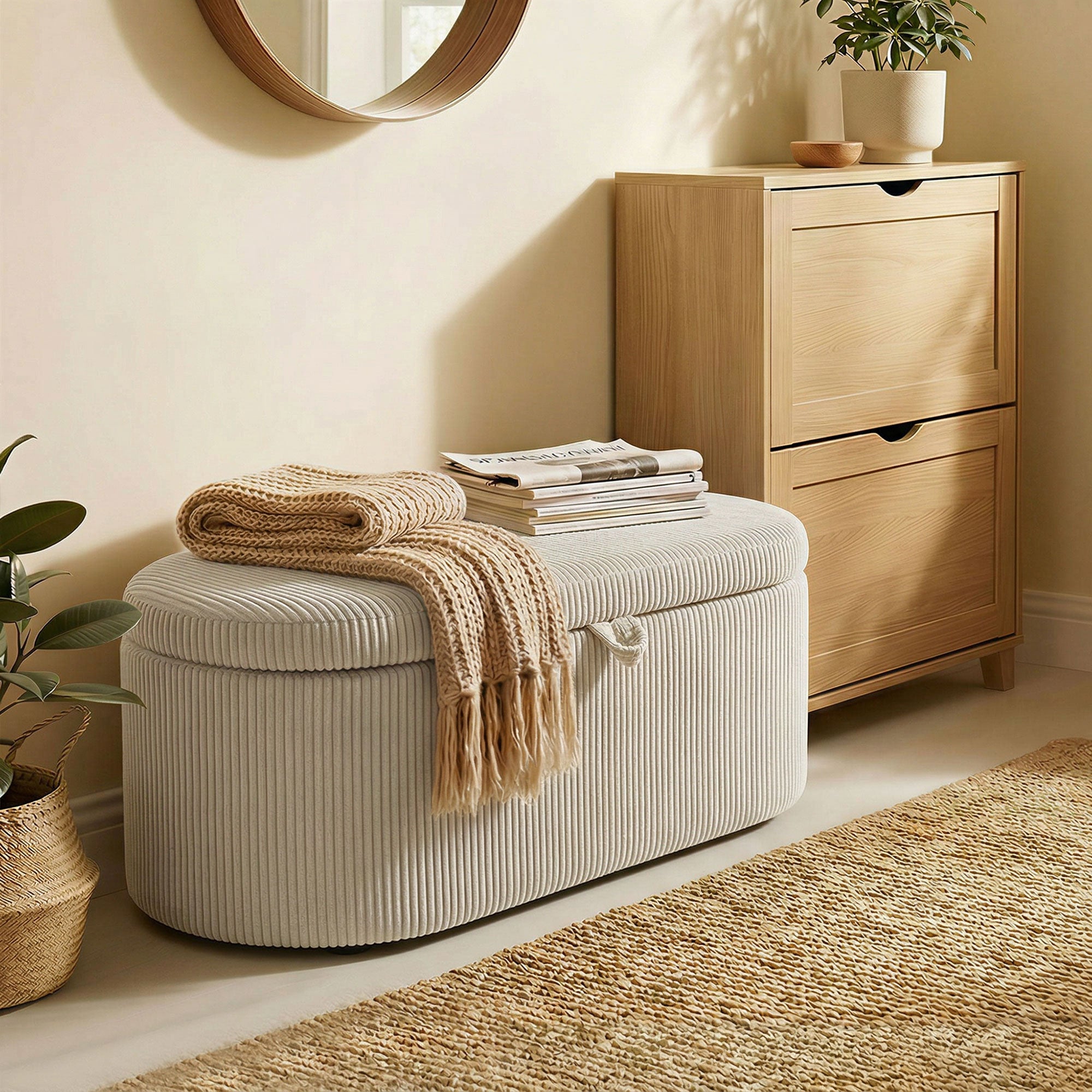 Upholstered Storage Bench with Corduroy Stripe – 41.3 x 20.1 x 19.3 in, Hidden Storage Ottoman, 441 lb Capacity, Beige