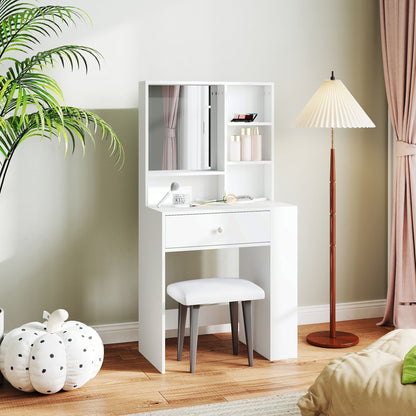 Makeup Table Cosmetic Table with Mirror, Dressing Table with Drawers, Open Shelves, White