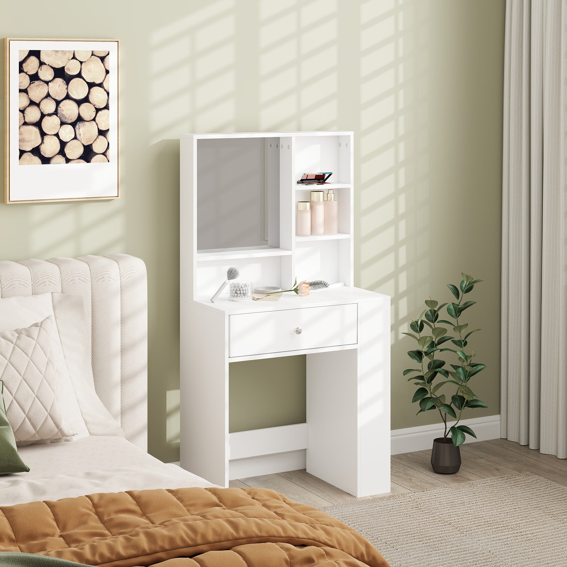 Makeup Table Cosmetic Table with Mirror, Dressing Table with Drawers, Open Shelves, White
