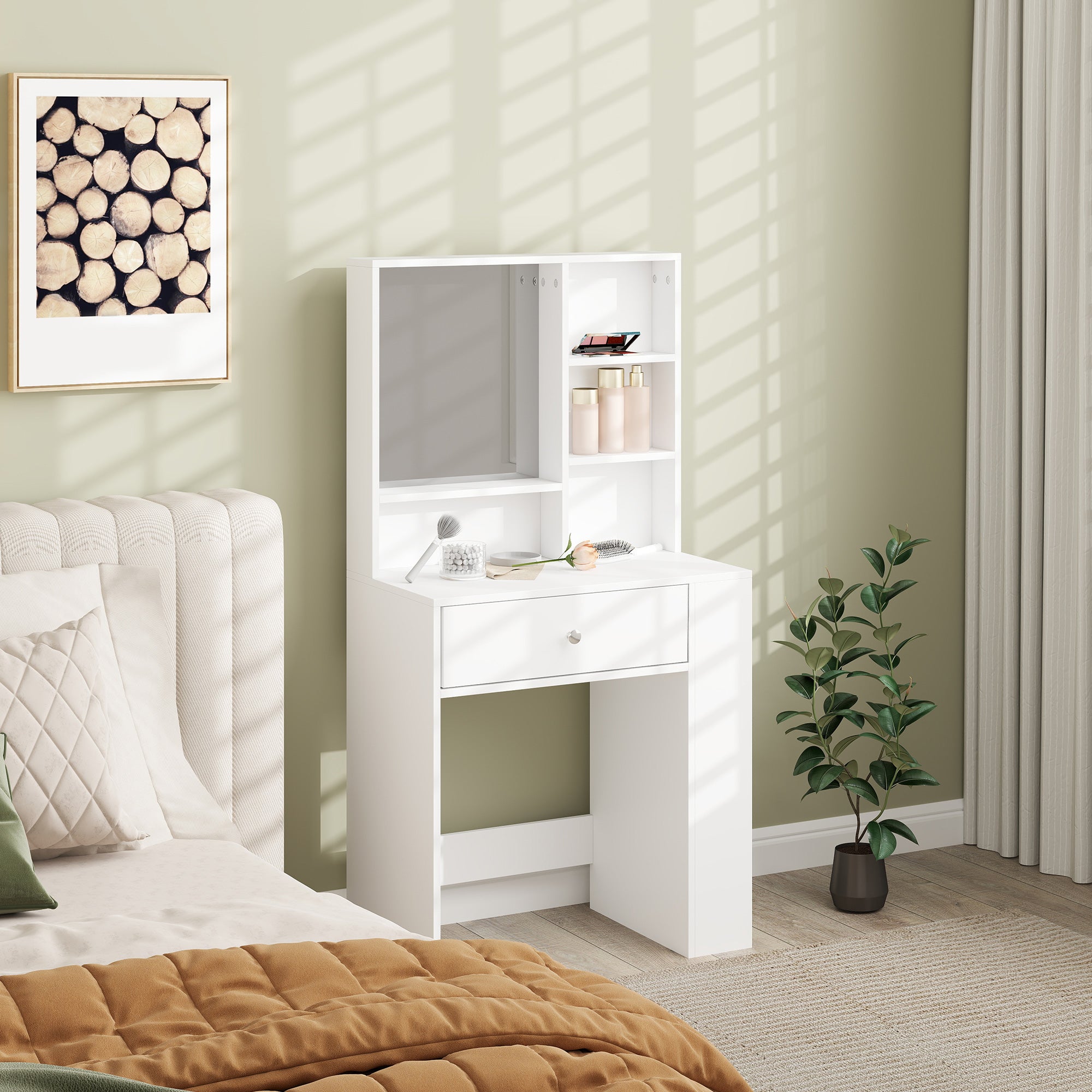 Makeup Table Cosmetic Table with Mirror, Dressing Table with Drawers, Open Shelves, White