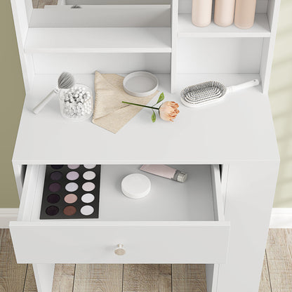 Makeup Table Cosmetic Table with Mirror, Dressing Table with Drawers, Open Shelves, White
