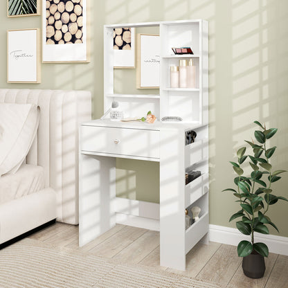 Makeup Table Cosmetic Table with Mirror, Dressing Table with Drawers, Open Shelves, White