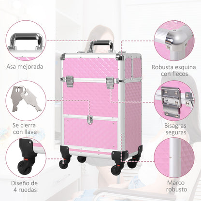 Professional Makeup Case with Drawer Wheeled Makeup Case for Travel Work 34x25x62 cm Pink