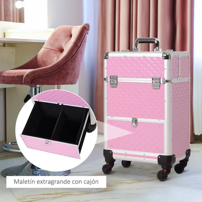 Professional Makeup Case with Drawer Wheeled Makeup Case for Travel Work 34x25x62 cm Pink