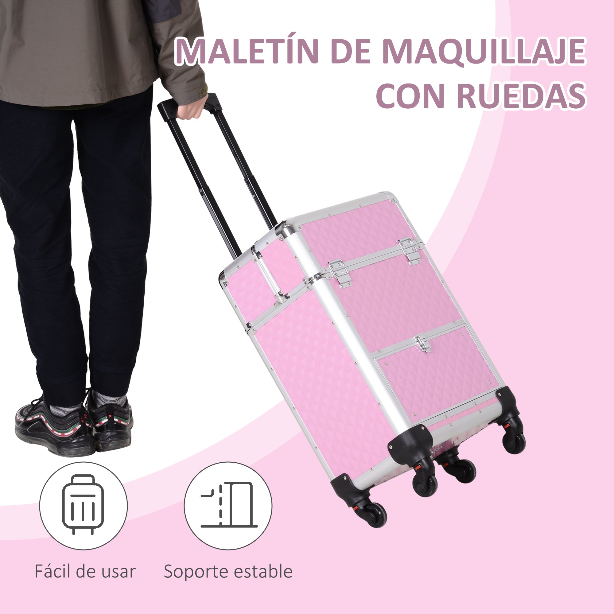 Professional Makeup Case with Drawer Wheeled Makeup Case for Travel Work 34x25x62 cm Pink