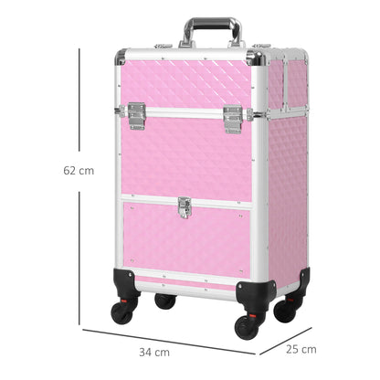 Professional Makeup Case with Drawer Wheeled Makeup Case for Travel Work 34x25x62 cm Pink