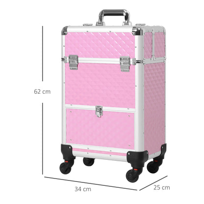 Professional Makeup Case with Drawer Wheeled Makeup Case for Travel Work 34x25x62 cm Pink