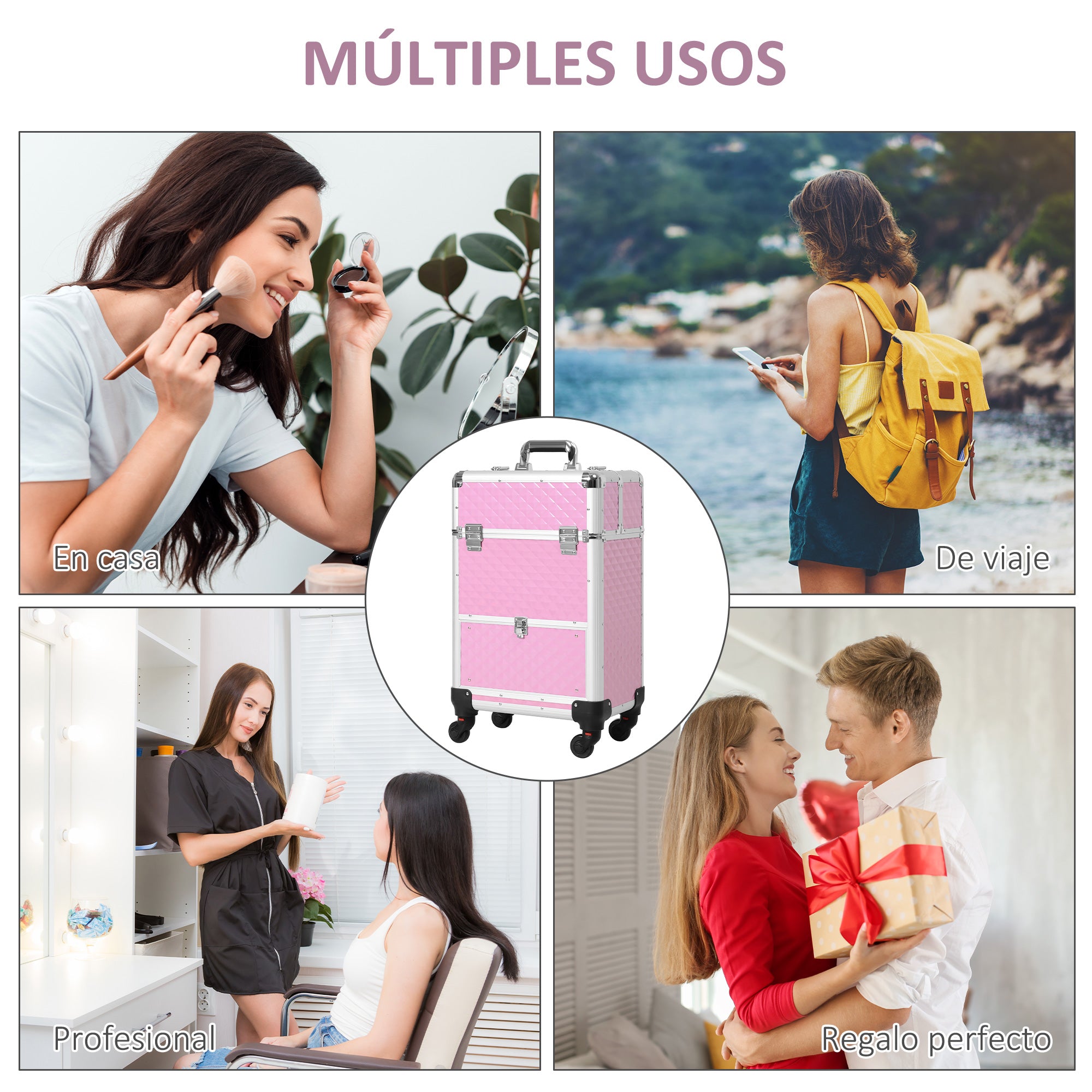 Professional Makeup Case with Drawer Wheeled Makeup Case for Travel Work 34x25x62 cm Pink