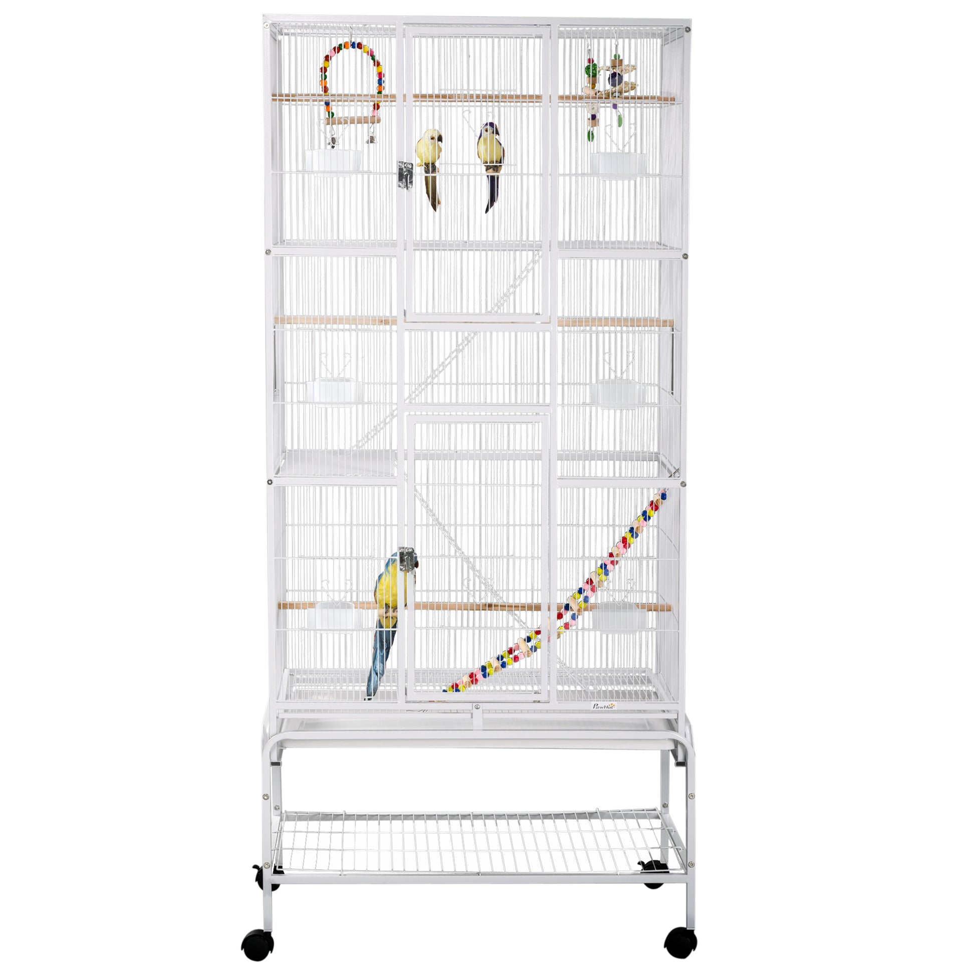 Bird Cage with Wheels 83x53x180 cm Metal 3-Tier Birdhouse with 3 Perches Feeders Toys Ramps and Storage Shelf for Canaries Budgies White