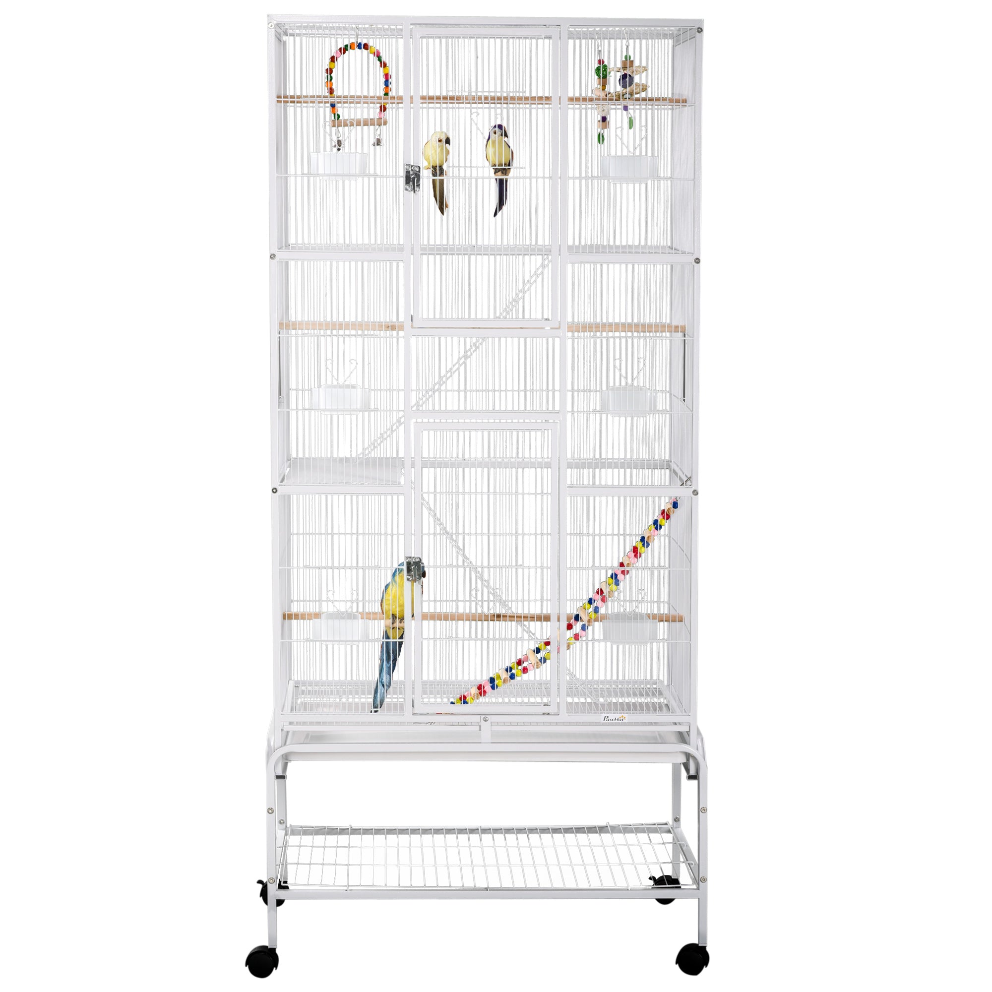 Bird Cage with Wheels 83x53x180 cm Metal 3-Tier Birdhouse with 3 Perches Feeders Toys Ramps and Storage Shelf for Canaries Budgies White