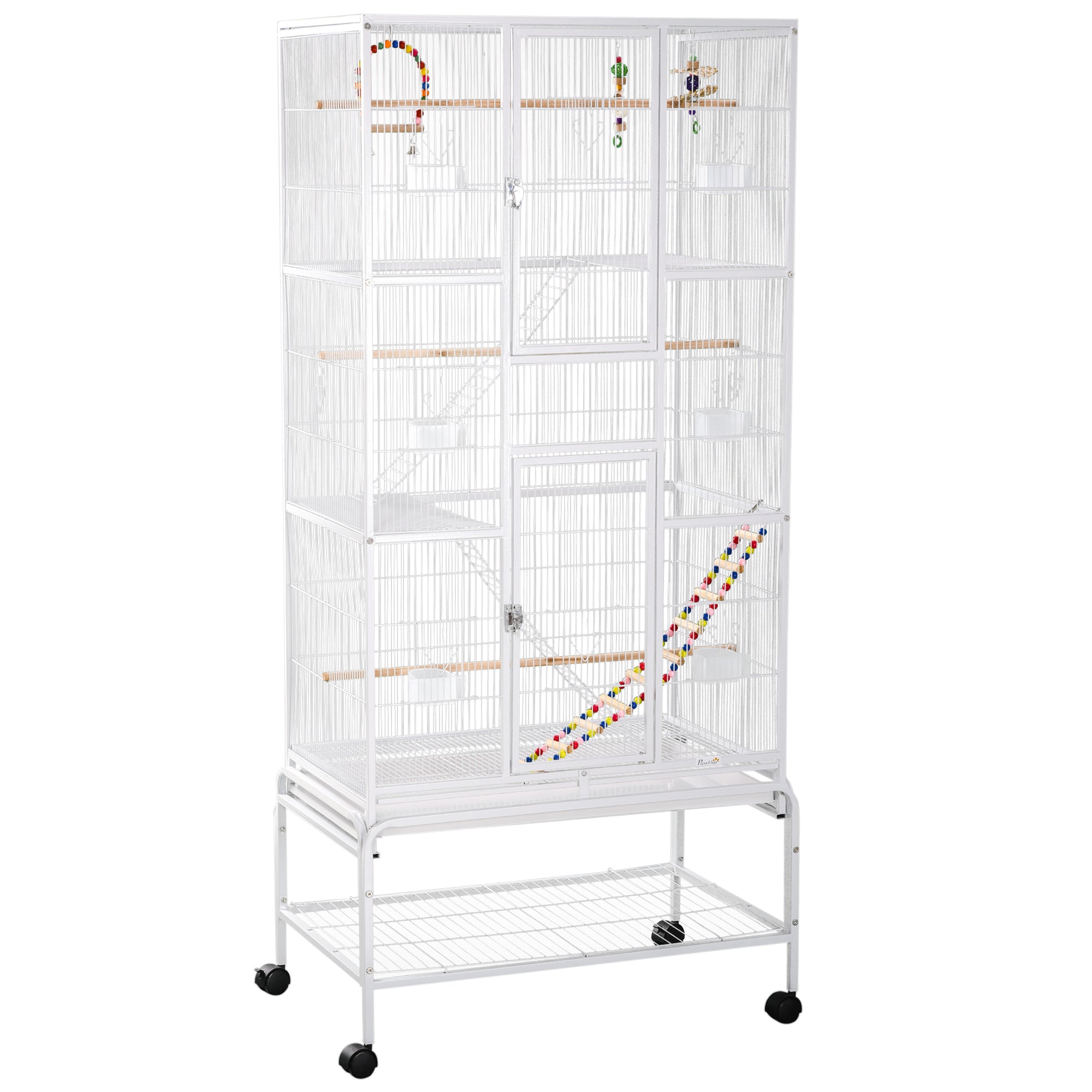 Bird Cage with Wheels 83x53x180 cm Metal 3-Tier Birdhouse with 3 Perches Feeders Toys Ramps and Storage Shelf for Canaries Budgies White