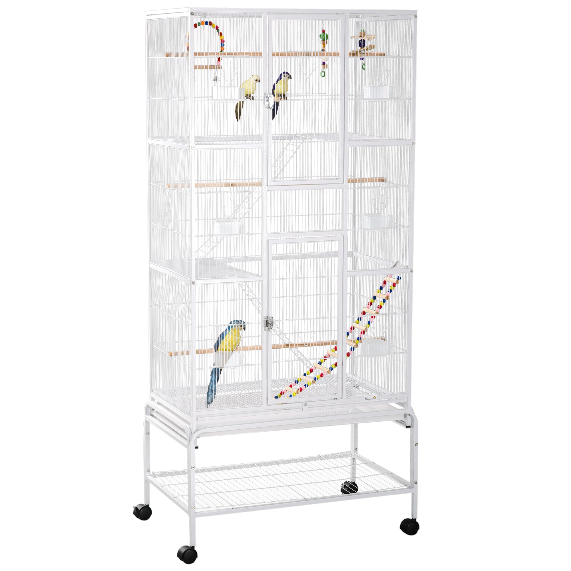 Bird Cage with Wheels 83x53x180 cm Metal 3-Tier Birdhouse with 3 Perches Feeders Toys Ramps and Storage Shelf for Canaries Budgies White