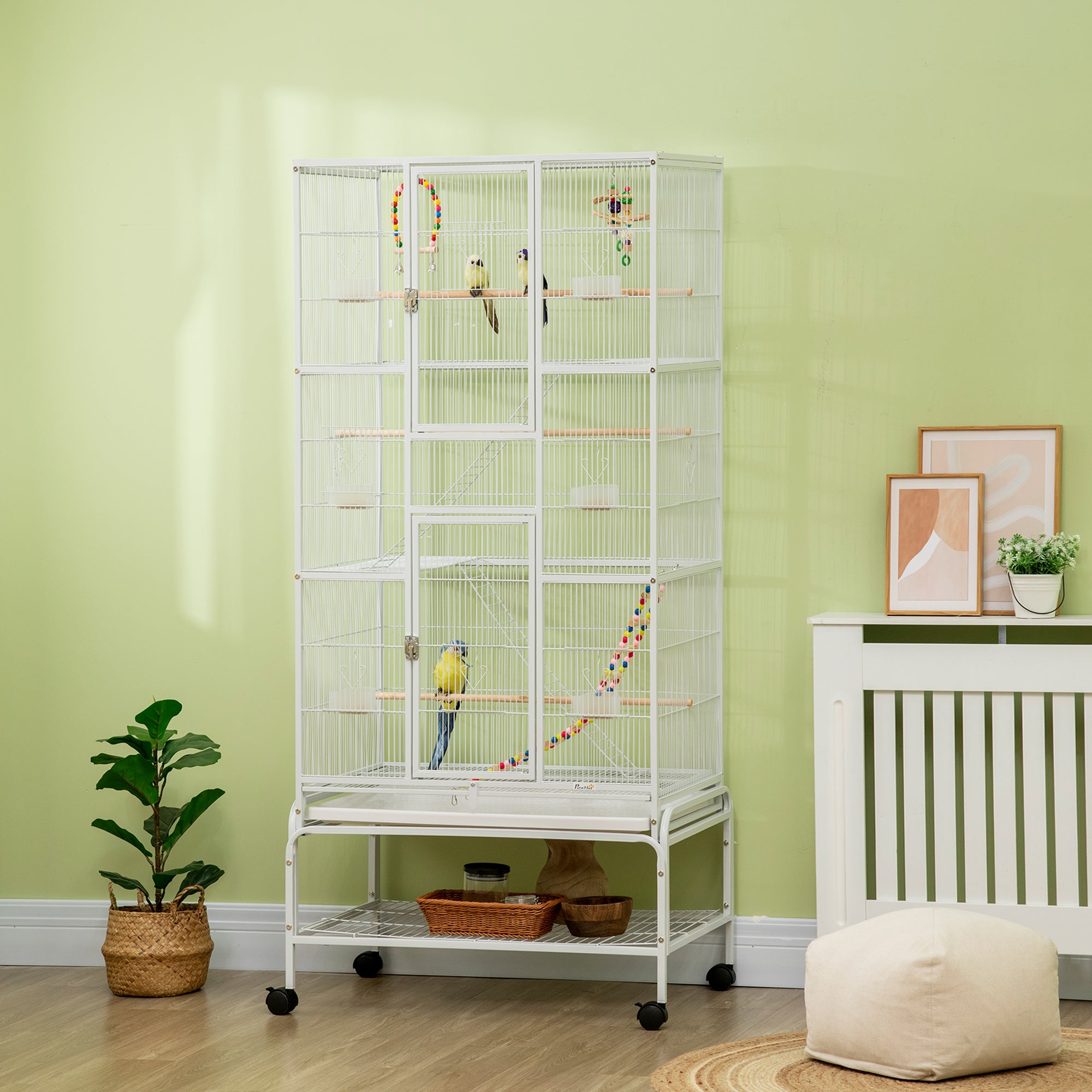 Bird Cage with Wheels 83x53x180 cm Metal 3-Tier Birdhouse with 3 Perches Feeders Toys Ramps and Storage Shelf for Canaries Budgies White
