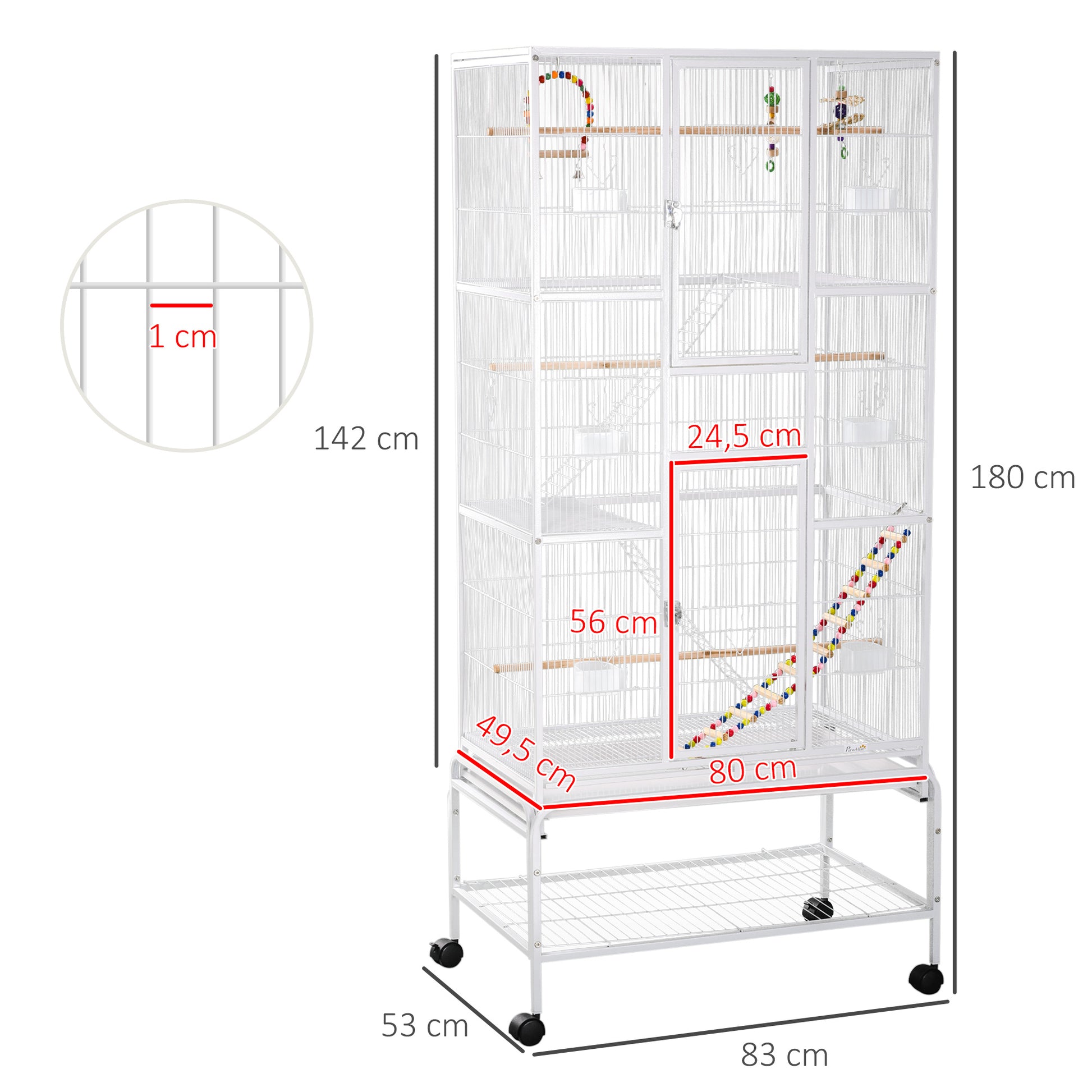 Bird Cage with Wheels 83x53x180 cm Metal 3-Tier Birdhouse with 3 Perches Feeders Toys Ramps and Storage Shelf for Canaries Budgies White