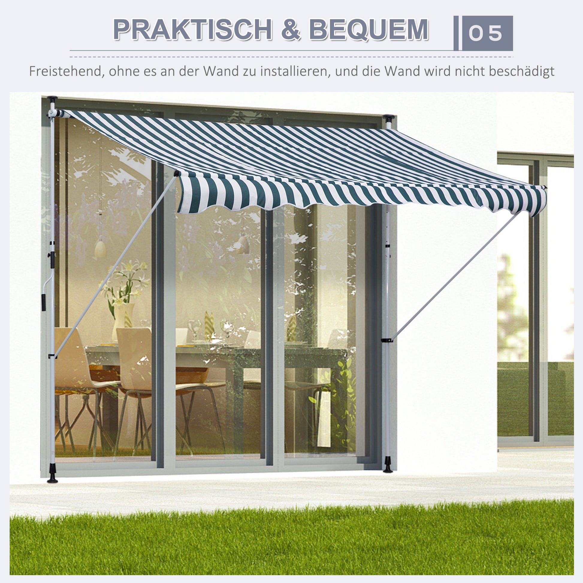 Clamp Awning with Hand Crank, Height Adjustable, Jointed Arm Awning, Dirt-Repellent, Weather-Resistant, Balcony Awning 150cm Wide, Terrace Awning for Terrace, Balcony, Porch Green+White