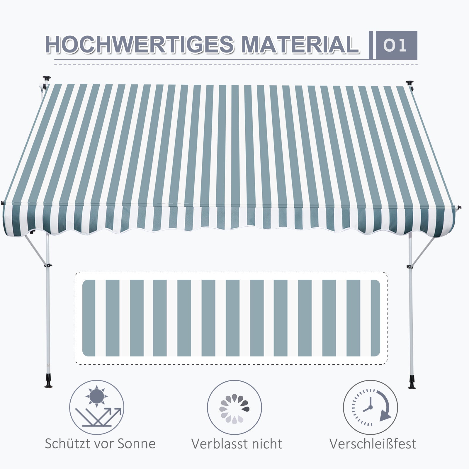 Clamp Awning with Hand Crank, Height Adjustable, Jointed Arm Awning, Dirt-Repellent, Weather-Resistant, Balcony Awning 150cm Wide, Terrace Awning for Terrace, Balcony, Porch Green+White