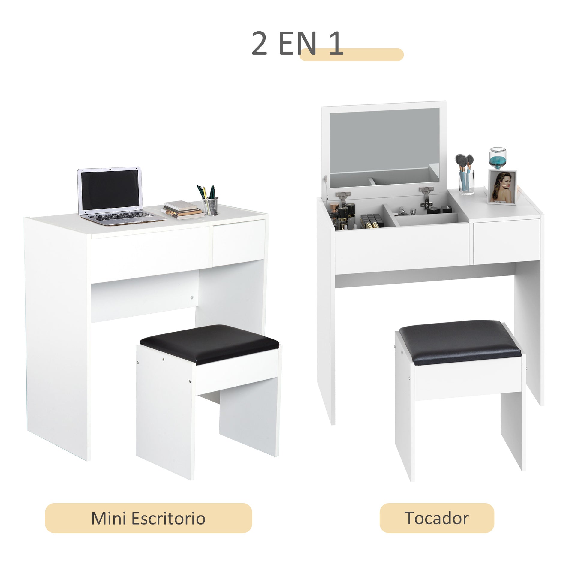 Makeup Vanity with Stool Makeup Table with Flip-Top Mirror and Storage Boxes 80x40x79 cm and 40x30x40 cm White