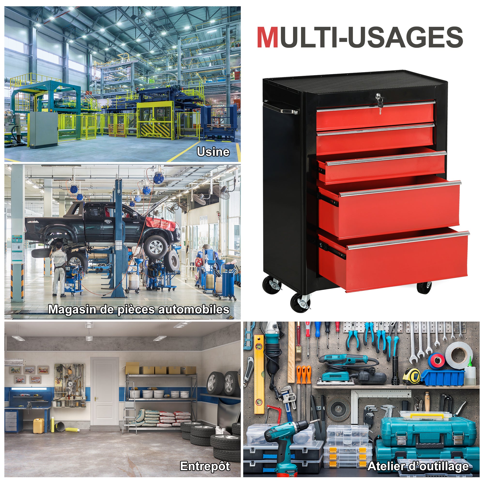 5-Drawer Steel Workshop Trolley – Lockable Mobile Tool Cart with EVA Drawer Liners, Red & Black