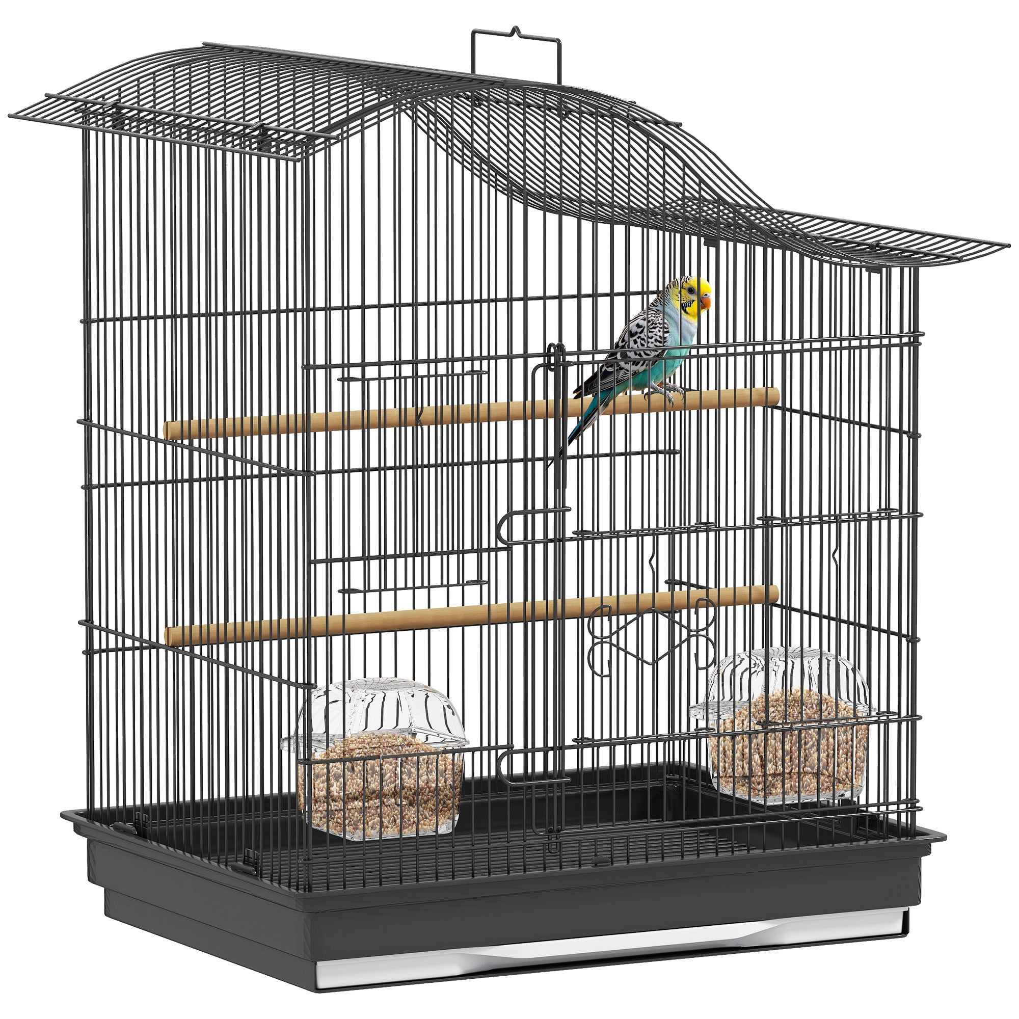4-Access Bird Cage with 2 Bowls, 2 Perches & Removable Tray — Metal & Plastic, 18.7 x 14.2 x 21.5 in (47.5 x 36 x 54.5 cm) — Black