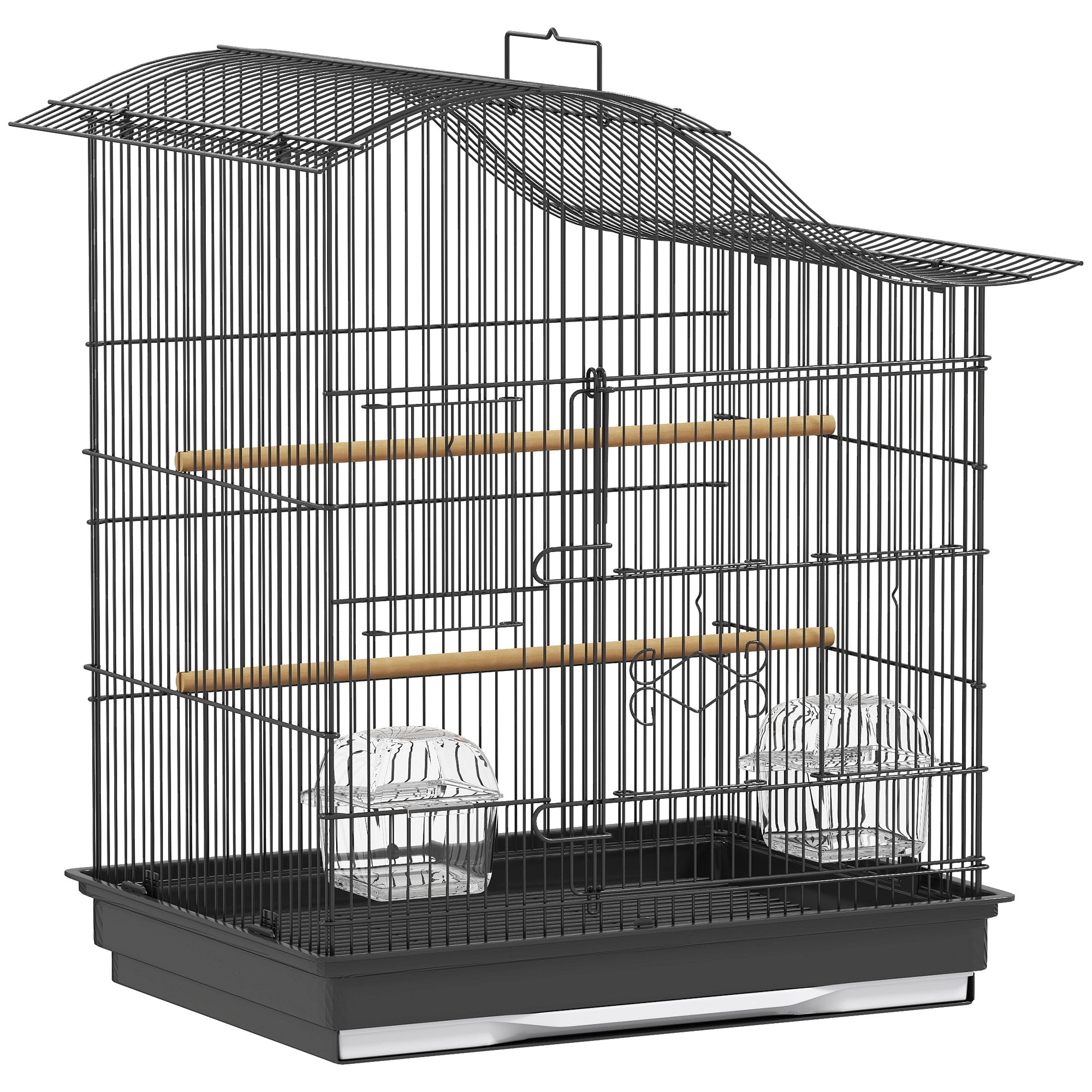 4-Access Bird Cage with 2 Bowls, 2 Perches & Removable Tray — Metal & Plastic, 18.7 x 14.2 x 21.5 in (47.5 x 36 x 54.5 cm) — Black