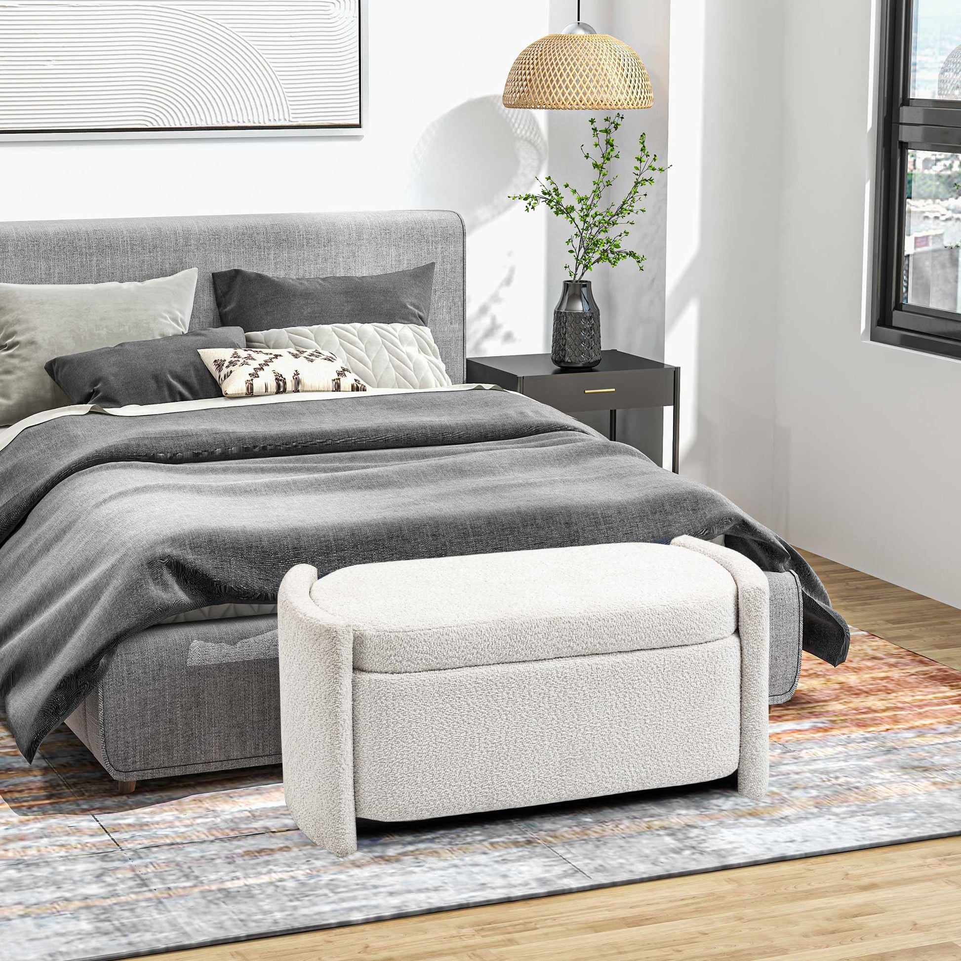 Bench, Bed Bench with Storage, Padded Bench with Lid, Teddy Velvet Look, Storage Chest, Chest Bench for Living Room, Bedroom, Cream, 105 x 44 x 45.5 cm