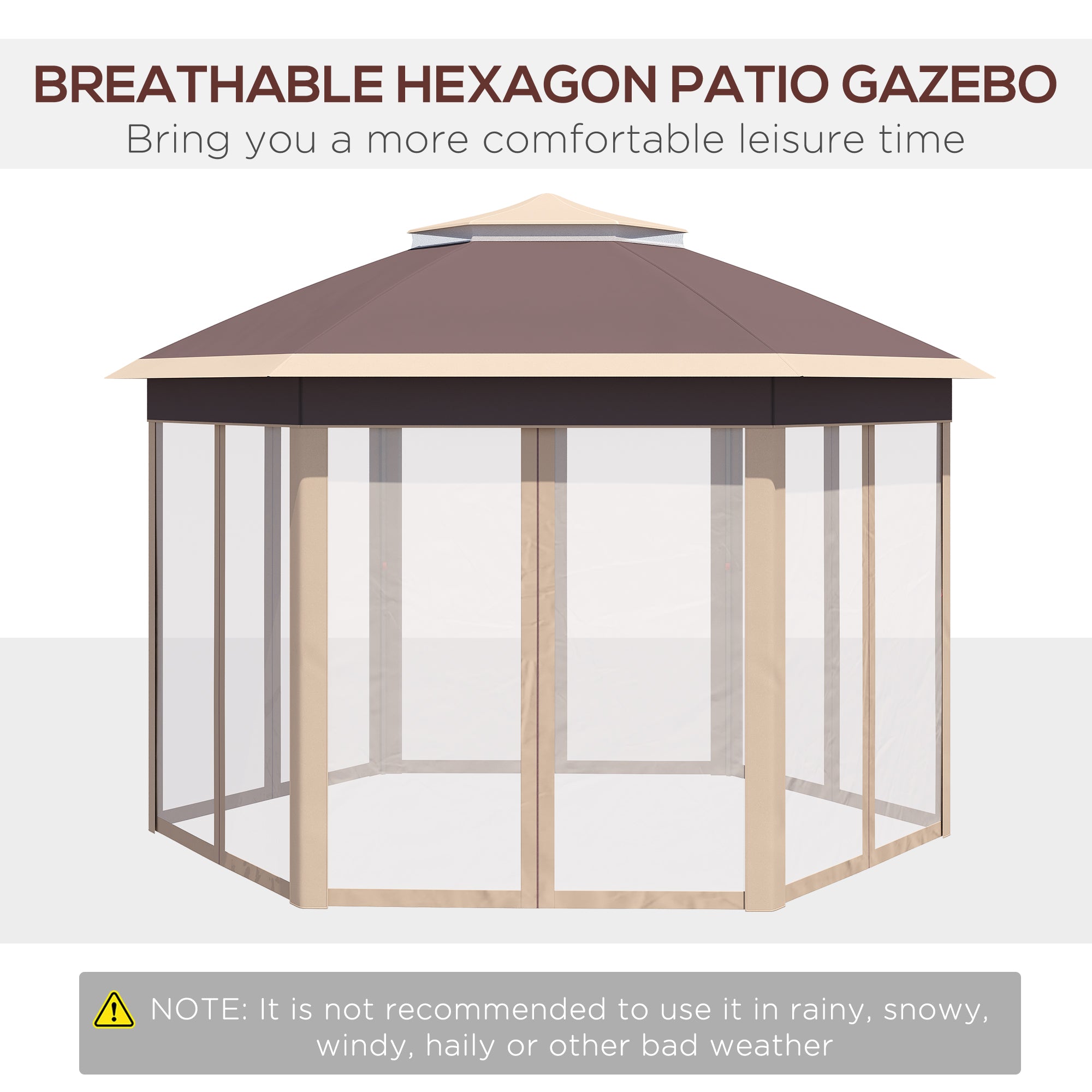 Pavilion 4x4m Waterproof Pop-up Hexagonal Foldable Pavilion, Double Roof, Garden Pavilion with 6 Side Panels, Party Tent incl. Carry Bag, for Garden, Terrace, Festival, Beige+Khaki