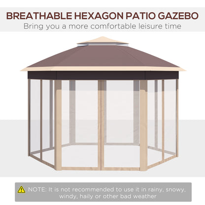 Pavilion 4x4m Waterproof Pop-up Hexagonal Foldable Pavilion, Double Roof, Garden Pavilion with 6 Side Panels, Party Tent incl. Carry Bag, for Garden, Terrace, Festival, Beige+Khaki