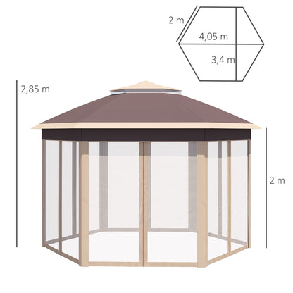 Pavilion 4x4m Waterproof Pop-up Hexagonal Foldable Pavilion, Double Roof, Garden Pavilion with 6 Side Panels, Party Tent incl. Carry Bag, for Garden, Terrace, Festival, Beige+Khaki