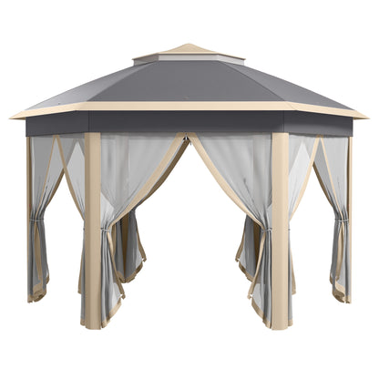 Pavilion 4x4m Waterproof Pop-up Hexagonal Foldable Pavilion, Double Roof, Garden Pavilion with 6 Side Panels, Party Tent incl. Carry Bag, for Garden, Terrace, Festival, Beige+Khaki