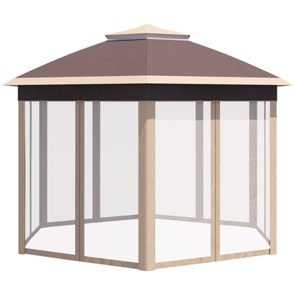 Pavilion 4x4m Waterproof Pop-up Hexagonal Foldable Pavilion, Double Roof, Garden Pavilion with 6 Side Panels, Party Tent incl. Carry Bag, for Garden, Terrace, Festival, Beige+Khaki