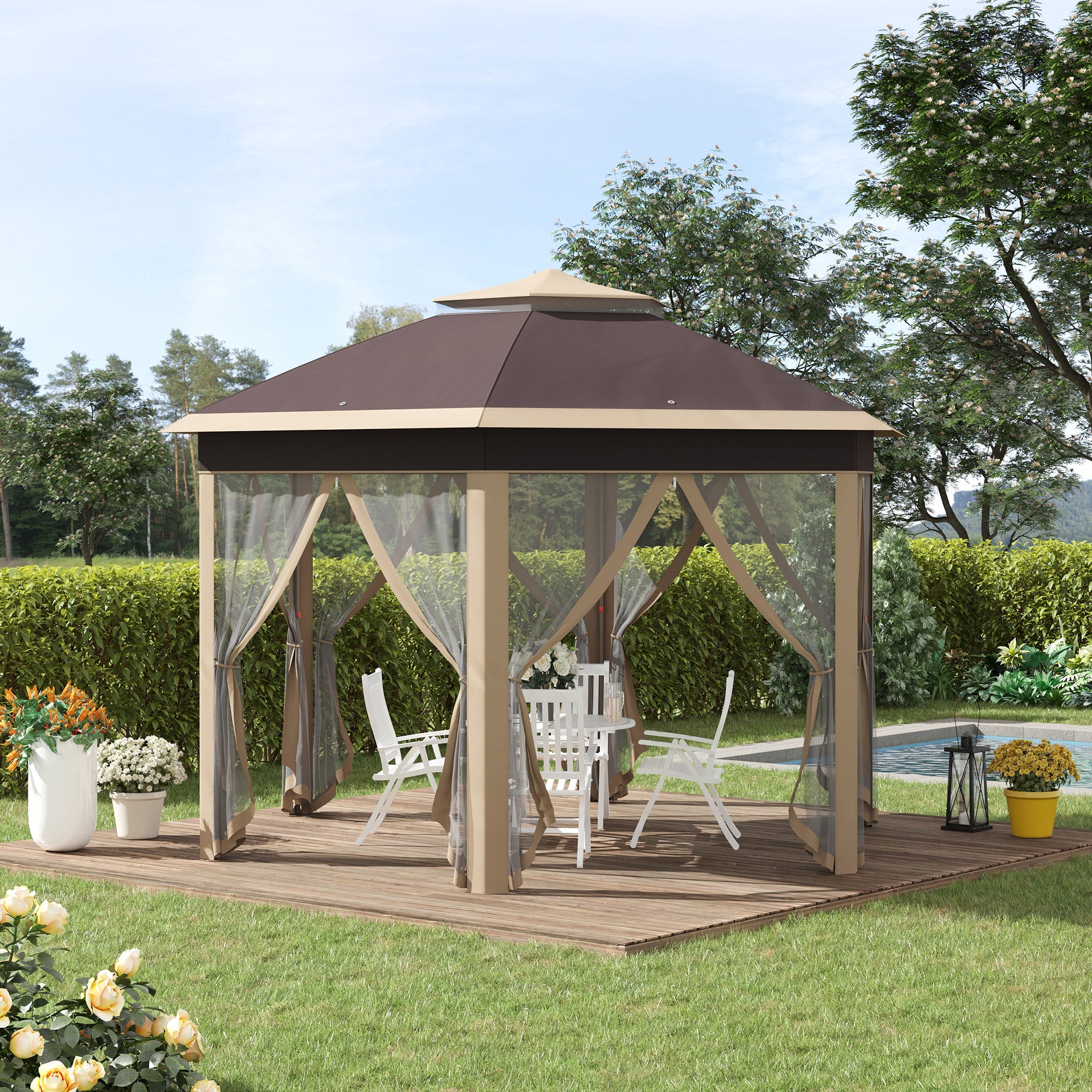 Pavilion 4x4m Waterproof Pop-up Hexagonal Foldable Pavilion, Double Roof, Garden Pavilion with 6 Side Panels, Party Tent incl. Carry Bag, for Garden, Terrace, Festival, Beige+Khaki