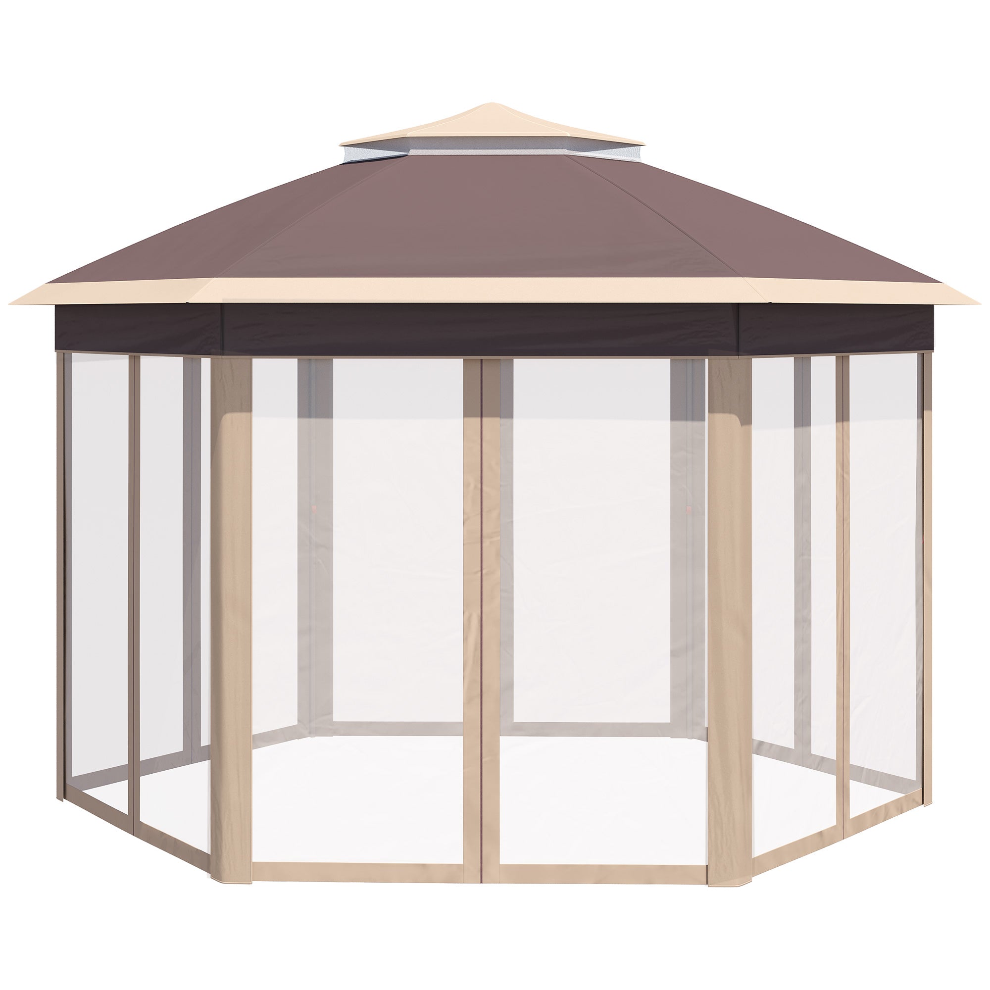 Pavilion 4x4m Waterproof Pop-up Hexagonal Foldable Pavilion, Double Roof, Garden Pavilion with 6 Side Panels, Party Tent incl. Carry Bag, for Garden, Terrace, Festival, Beige+Khaki