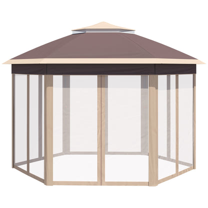 Pavilion 4x4m Waterproof Pop-up Hexagonal Foldable Pavilion, Double Roof, Garden Pavilion with 6 Side Panels, Party Tent incl. Carry Bag, for Garden, Terrace, Festival, Beige+Khaki