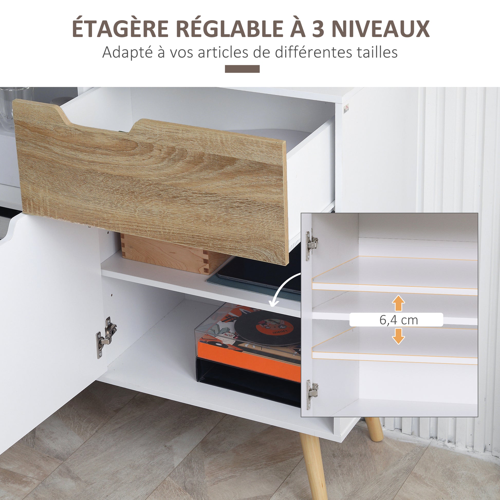 Scandinavian style freestanding storage sideboard with cupboards for Bathroom, Living Room, Kitchen, Solid Pinewood Legs - White - dim. 98L x 39W x 81.5H cm