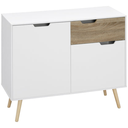 Scandinavian style freestanding storage sideboard with cupboards for Bathroom, Living Room, Kitchen, Solid Pinewood Legs - White - dim. 98L x 39W x 81.5H cm