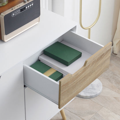 Scandinavian style freestanding storage sideboard with cupboards for Bathroom, Living Room, Kitchen, Solid Pinewood Legs - White - dim. 98L x 39W x 81.5H cm