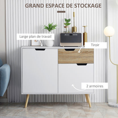 Scandinavian style freestanding storage sideboard with cupboards for Bathroom, Living Room, Kitchen, Solid Pinewood Legs - White - dim. 98L x 39W x 81.5H cm