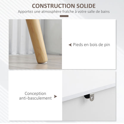 Scandinavian style freestanding storage sideboard with cupboards for Bathroom, Living Room, Kitchen, Solid Pinewood Legs - White - dim. 98L x 39W x 81.5H cm