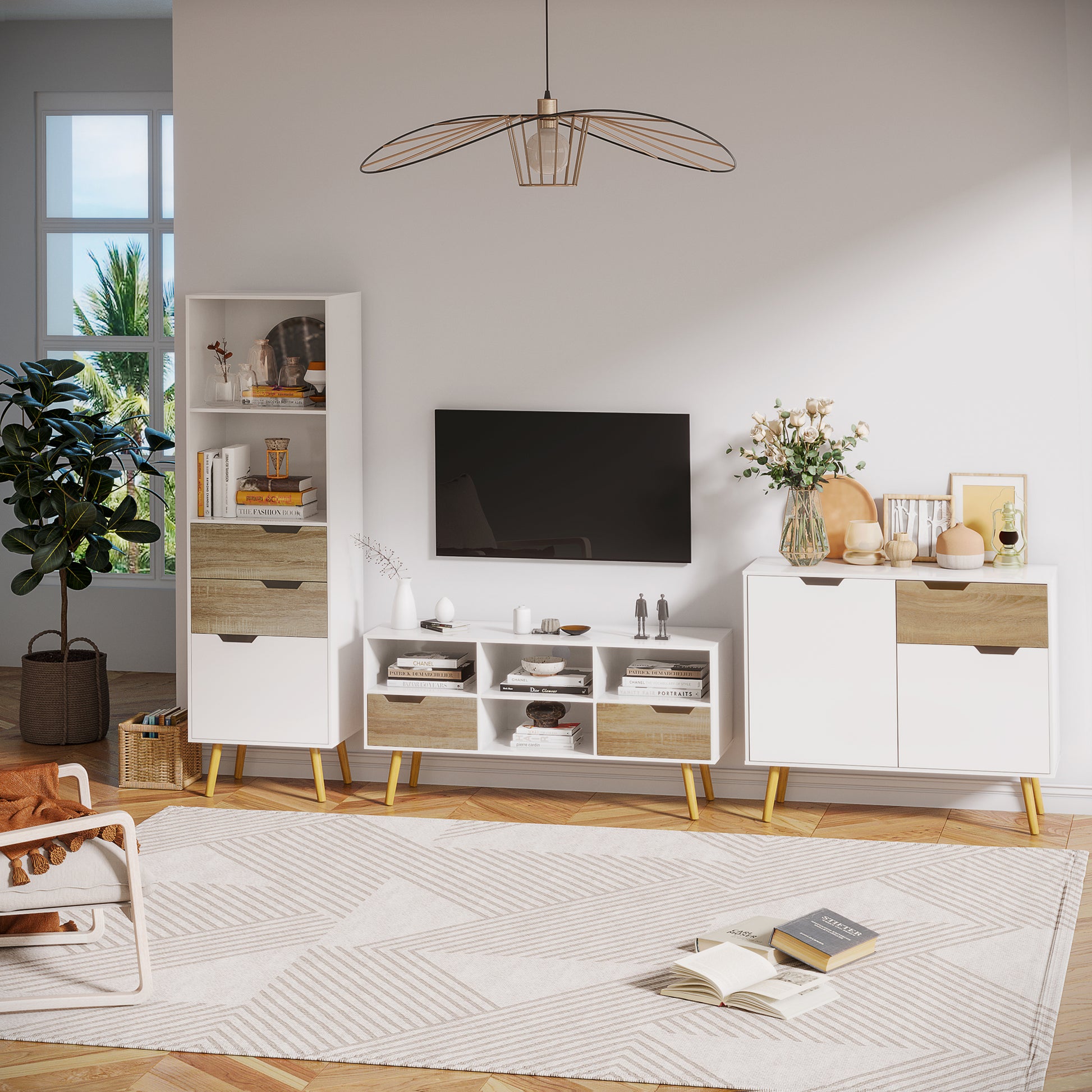 Scandinavian style freestanding storage sideboard with cupboards for Bathroom, Living Room, Kitchen, Solid Pinewood Legs - White - dim. 98L x 39W x 81.5H cm