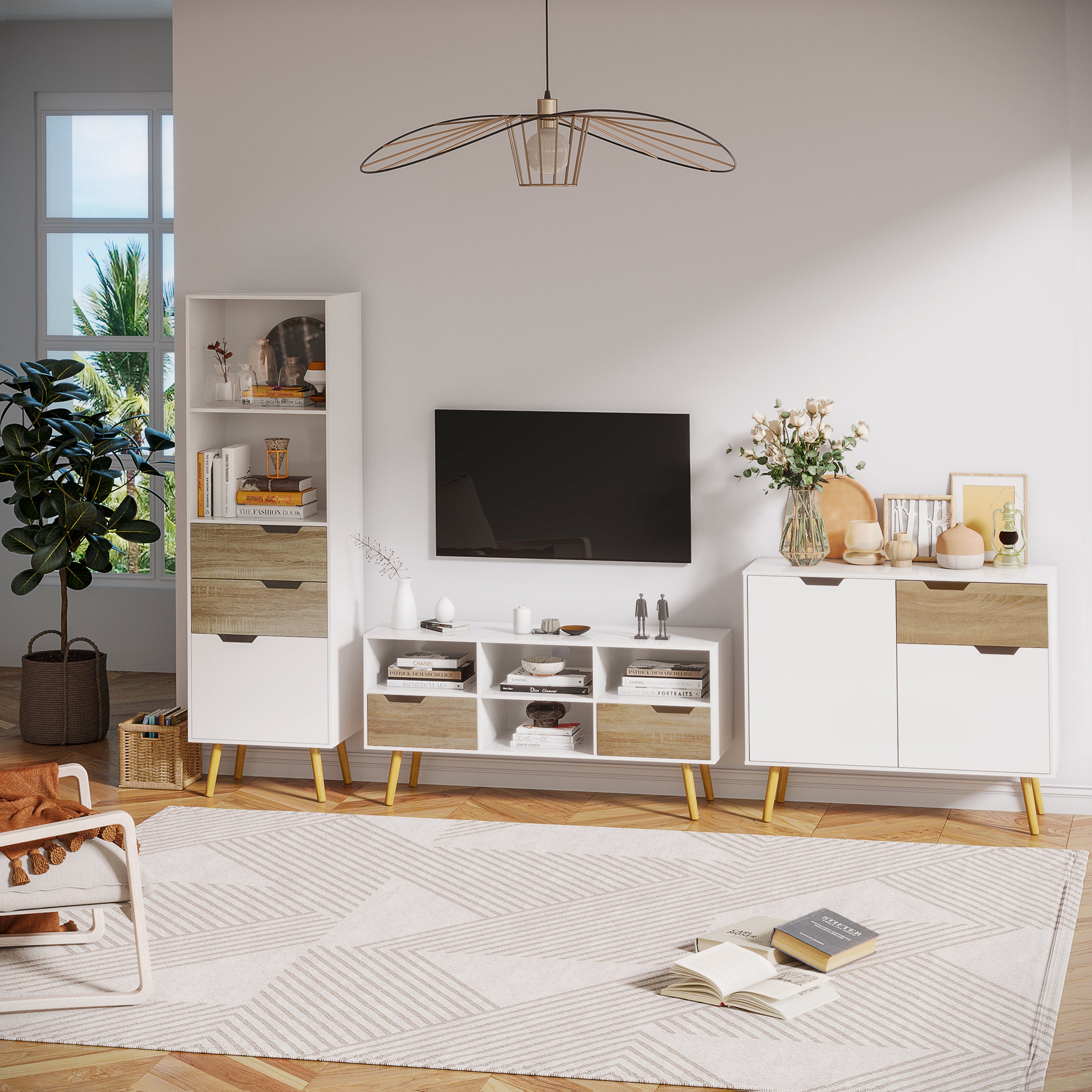 Scandinavian style freestanding storage sideboard with cupboards for Bathroom, Living Room, Kitchen, Solid Pinewood Legs - White - dim. 98L x 39W x 81.5H cm