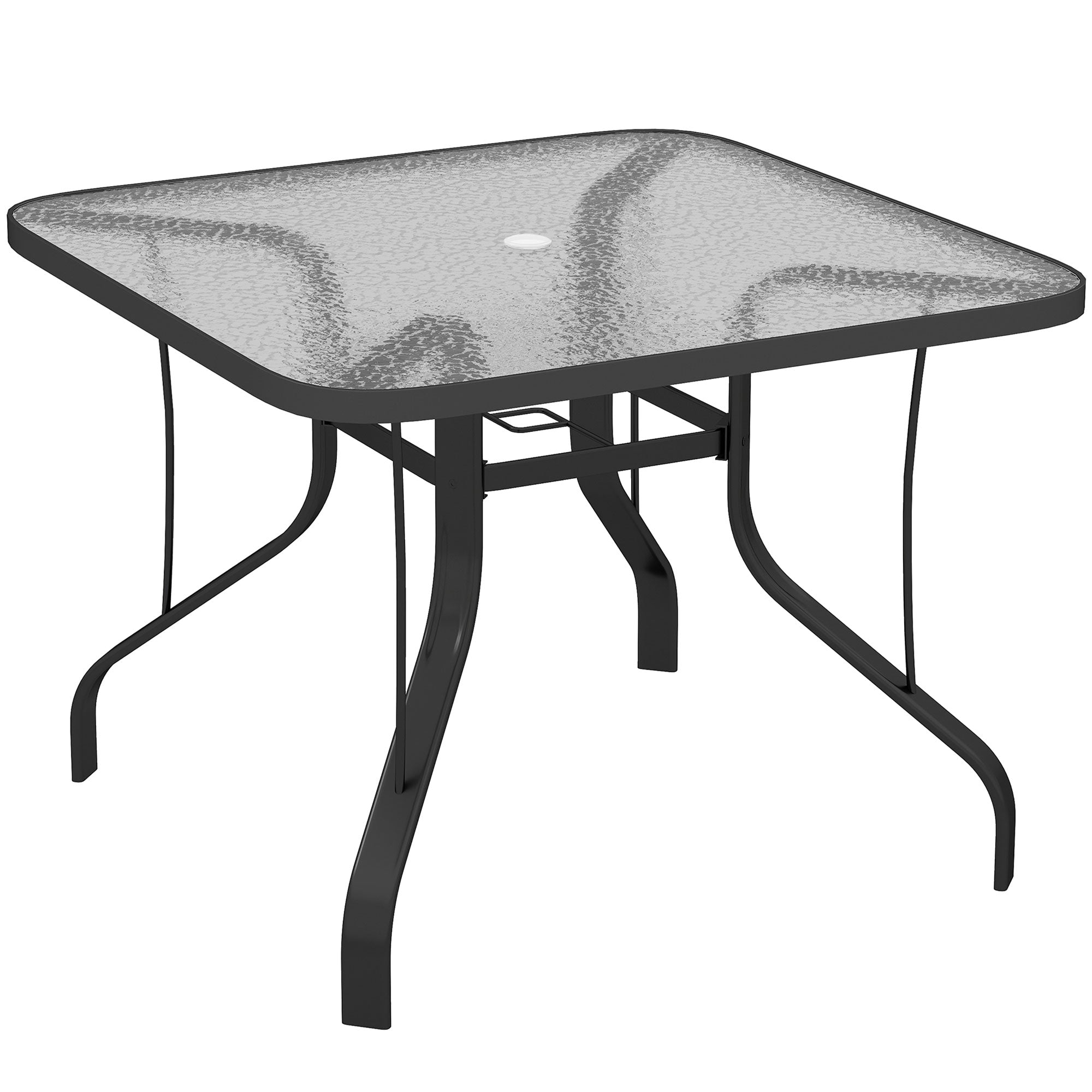 4-Seater Garden Table with 54mm Umbrella Hole, Outdoor Dining Table in Metal and Tempered Glass, For Patio, Terrace, Balcony and Outdoor, 96.5x96.5x70 cm, Black
