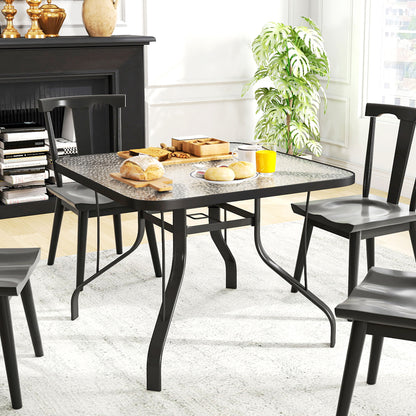 4-Seater Garden Table with 54mm Umbrella Hole, Outdoor Dining Table in Metal and Tempered Glass, For Patio, Terrace, Balcony and Outdoor, 96.5x96.5x70 cm, Black