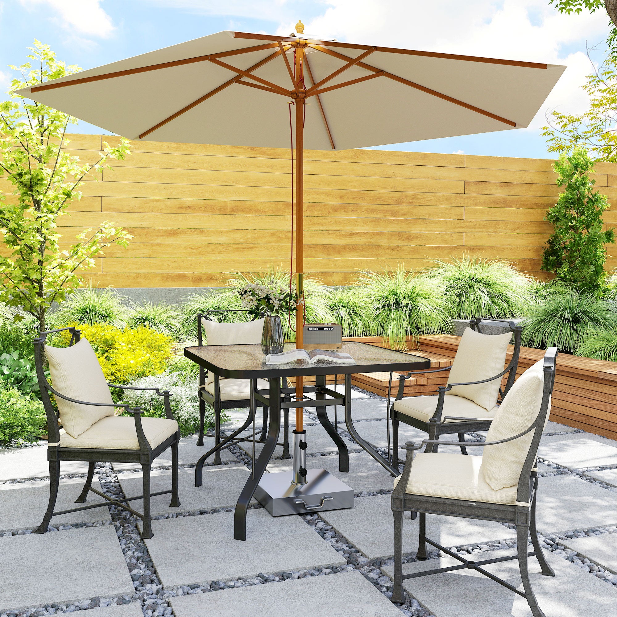 4-Seater Garden Table with 54mm Umbrella Hole, Outdoor Dining Table in Metal and Tempered Glass, For Patio, Terrace, Balcony and Outdoor, 96.5x96.5x70 cm, Black