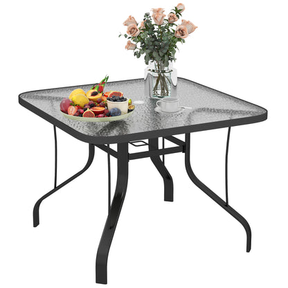 4-Seater Garden Table with 54mm Umbrella Hole, Outdoor Dining Table in Metal and Tempered Glass, For Patio, Terrace, Balcony and Outdoor, 96.5x96.5x70 cm, Black