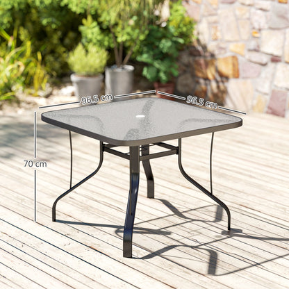 4-Seater Garden Table with 54mm Umbrella Hole, Outdoor Dining Table in Metal and Tempered Glass, For Patio, Terrace, Balcony and Outdoor, 96.5x96.5x70 cm, Black